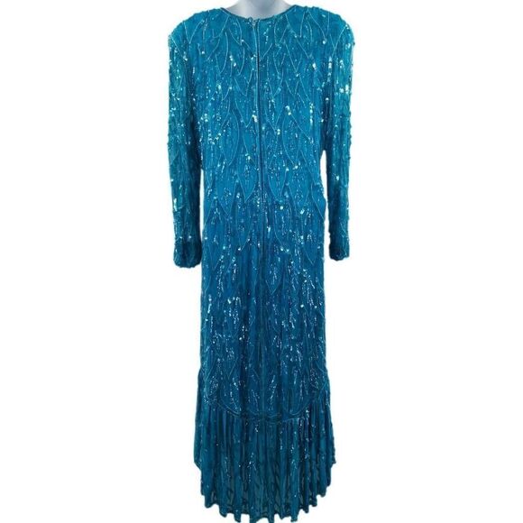 Vintage Aqua Blue Beaded/Sequin Dress with Long Sleeves & Ruffle Hemline | Circa - Picture 3 of 5